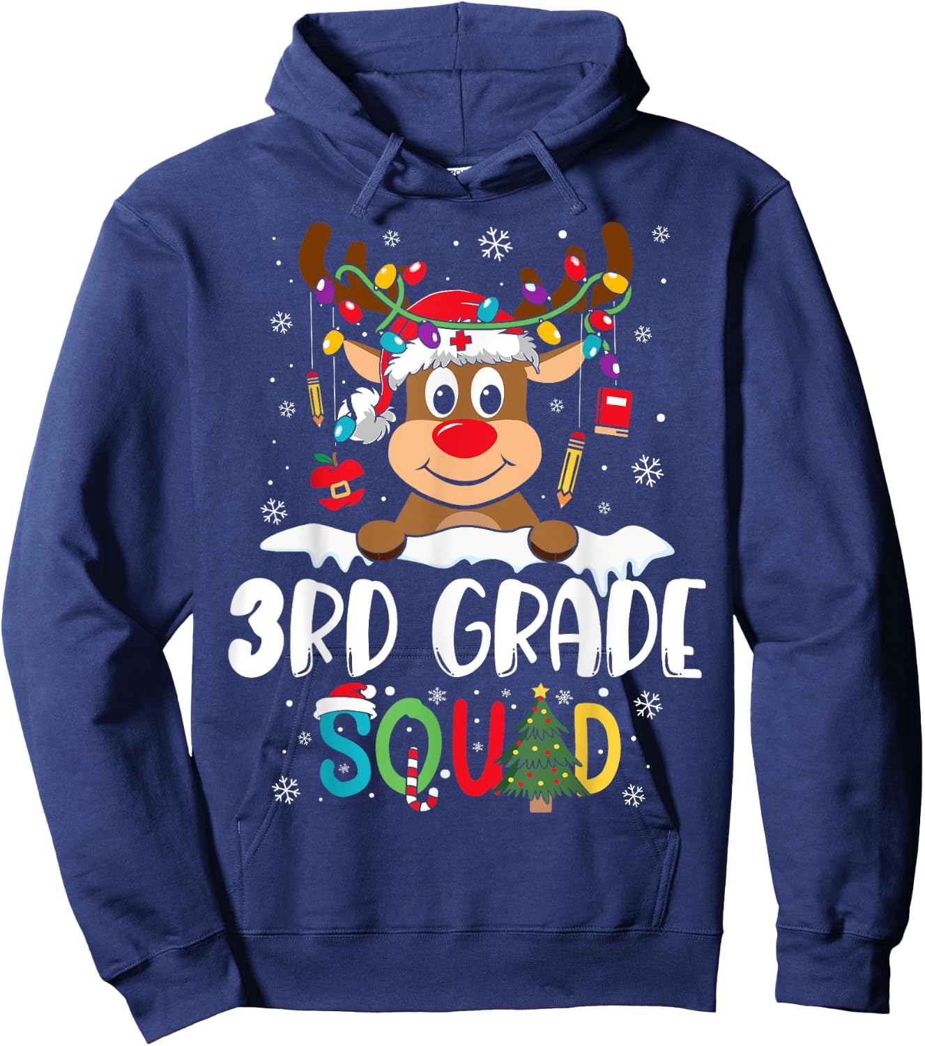3rd Grade Teacher Squad Funny Reindeer Teacher Christmas Hoodie - Hoodie | Navy