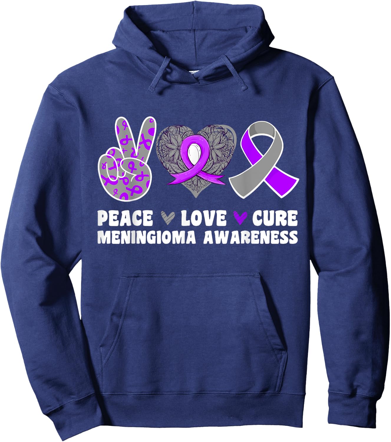 Peace Love Cure Meningioma Awareness Purple Gray Ribbon Hope Hoodie - Hoodie | Navy