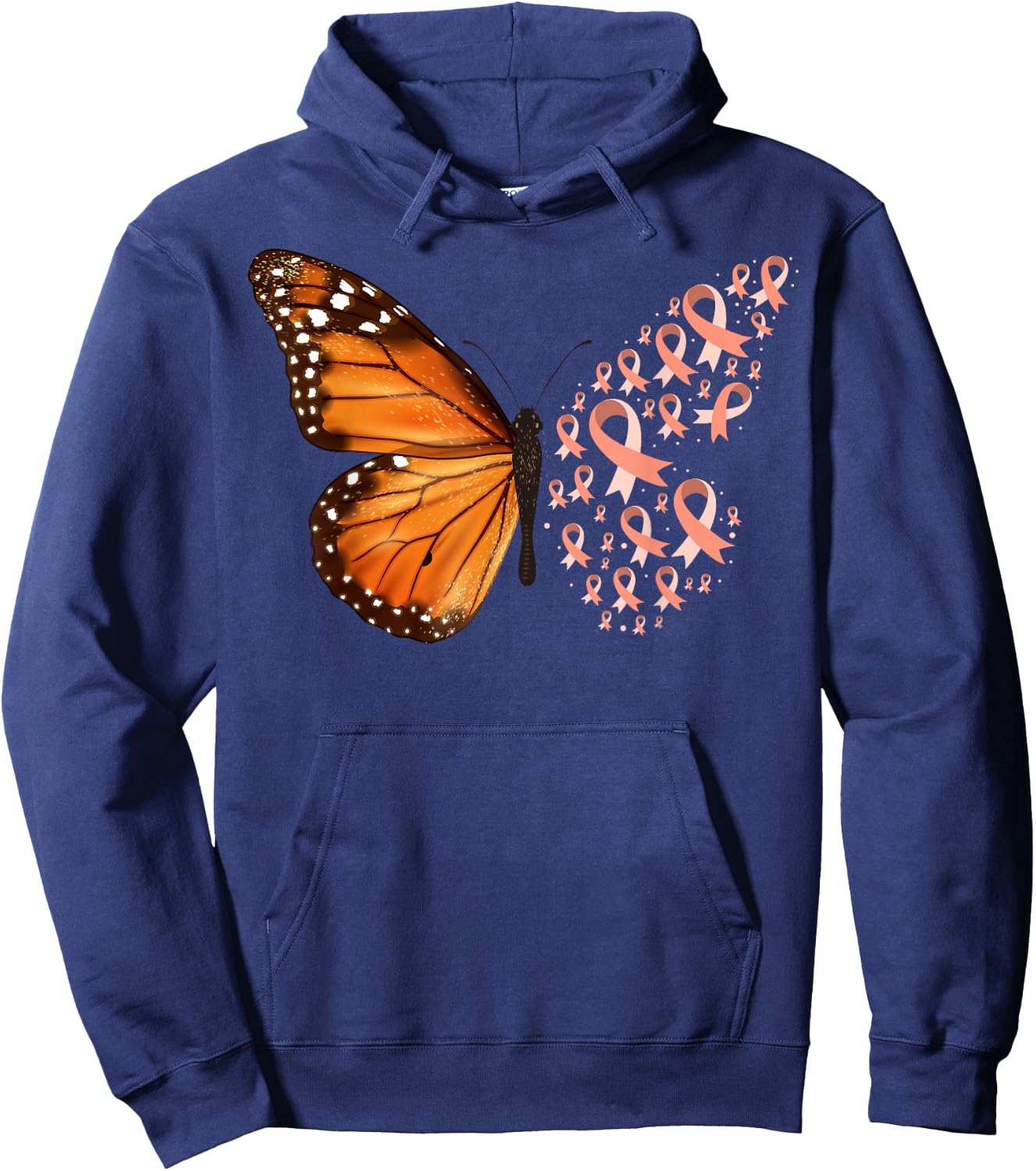 Endometrial Cancer Awareness Butterfly Peach Ribbon Month Hoodie - Hoodie | Navy