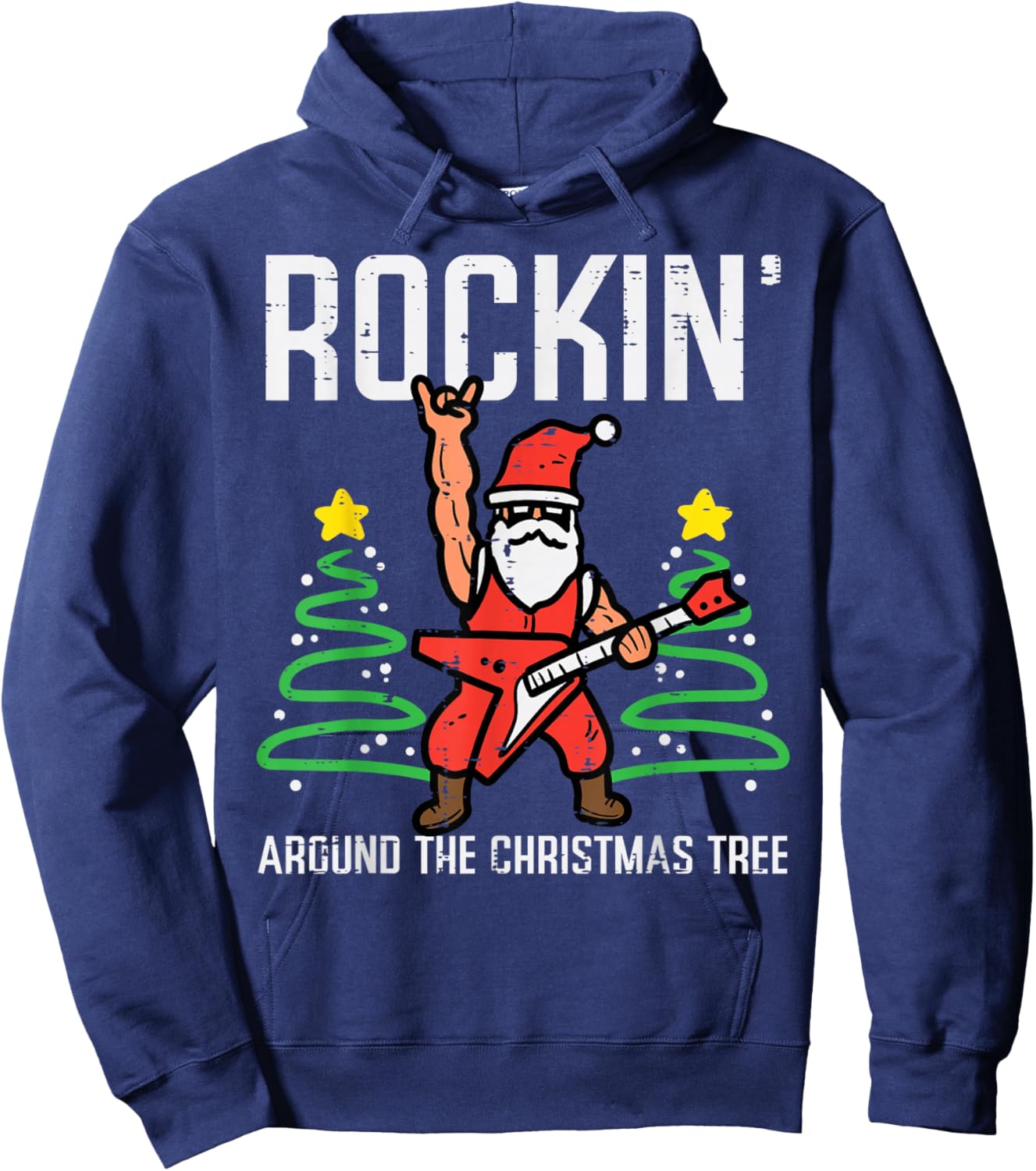 Santa Guitar Rockin Christmas Tree Funny Xmas Rocker Men Boy Hoodie - Hoodie | Navy