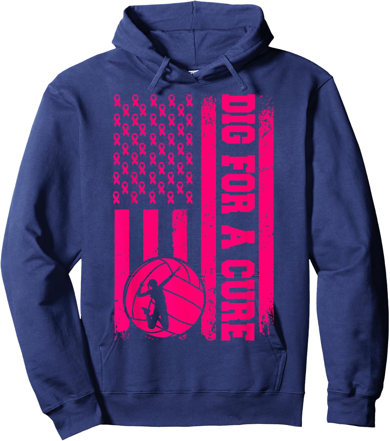 Dig For A Cure Breast Cancer Volleyball Pink American Flag Hoodie - Hoodie | Navy