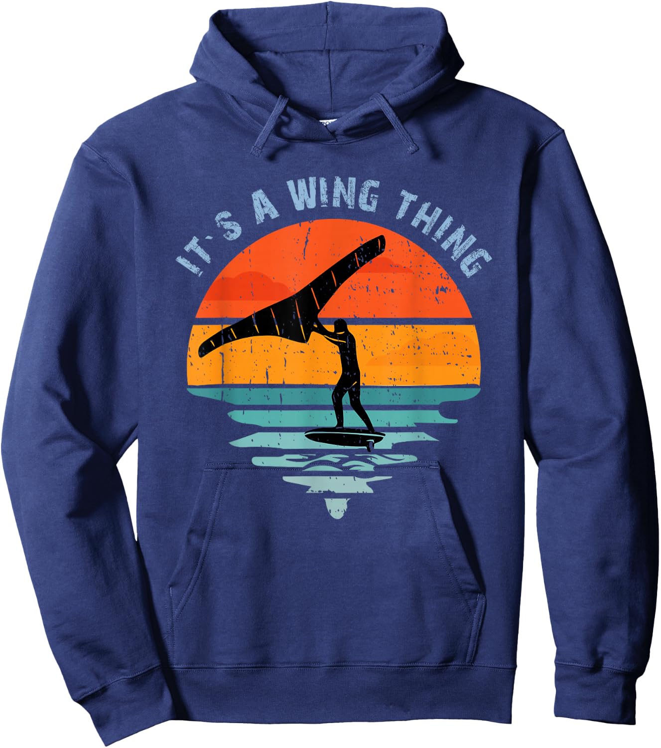 Wing Foiling Surf Surfing Foiler, Retro Vintage Surfer Hoodie - Hoodie | Navy