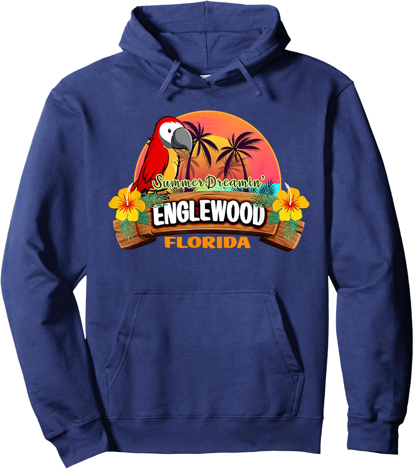 Englewood Florida USA Tropical Beach Parrot Palm Trees Women Kids Hoodie - Hoodie | Navy
