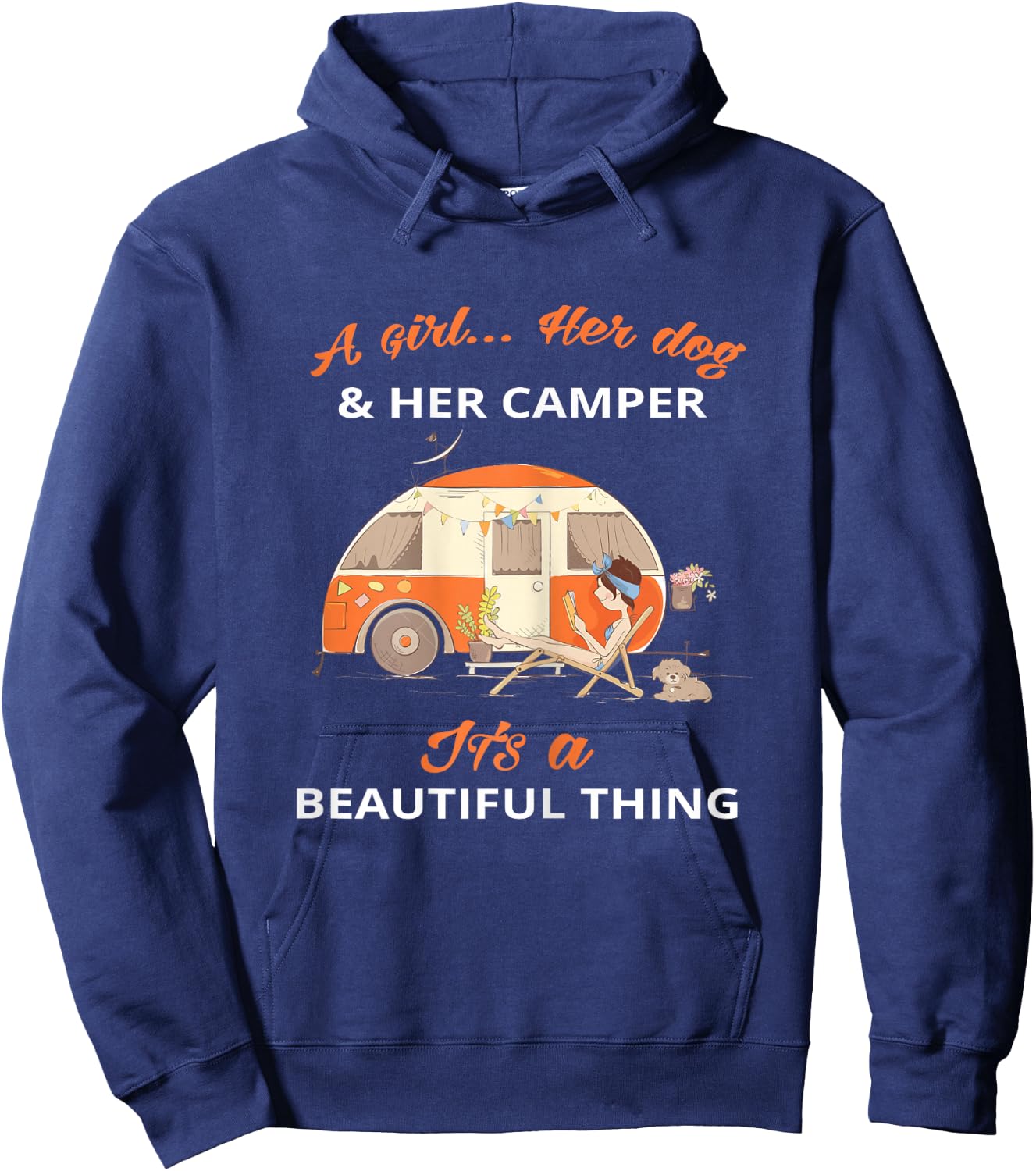 Camping Beautiful A girl her dog her camper Hoodie - Hoodie | Navy