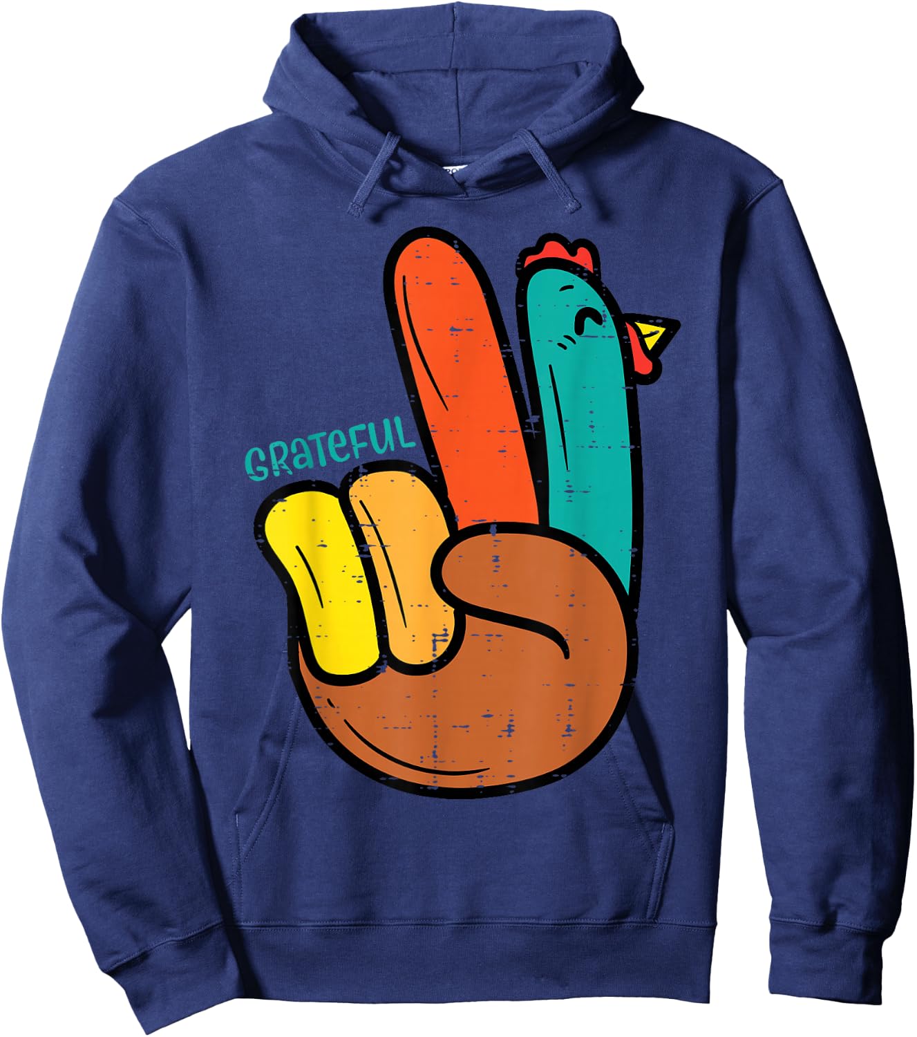 Peace Hand Turkey Grateful Thanksgiving Hippi Men Women Kids Hoodie - Hoodie | Navy