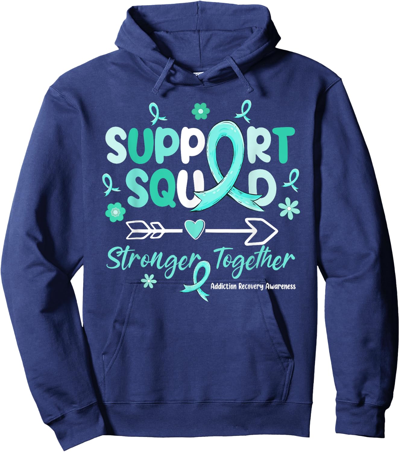 Groovy Support Squad Teal Ribbon Addiction Recovery Hoodie - Hoodie | Navy
