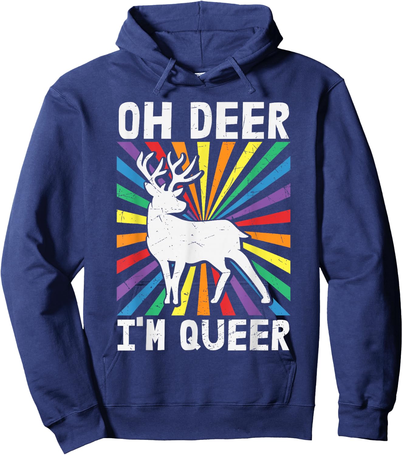 Vintage Oh Deer I'm Queer - Rainbow LGBT Pride Gay Lesbian Hoodie - Hoodie | Navy