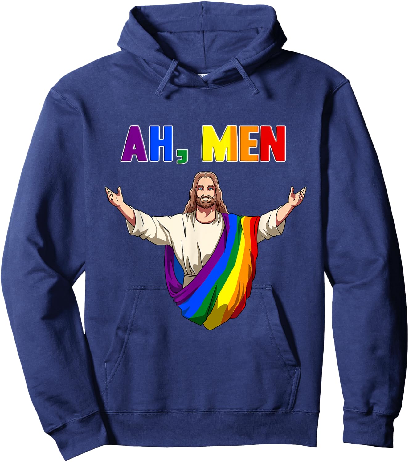 Ah, Men! Gay Jesus In Rainbow Robe Hoodie - Hoodie | Navy