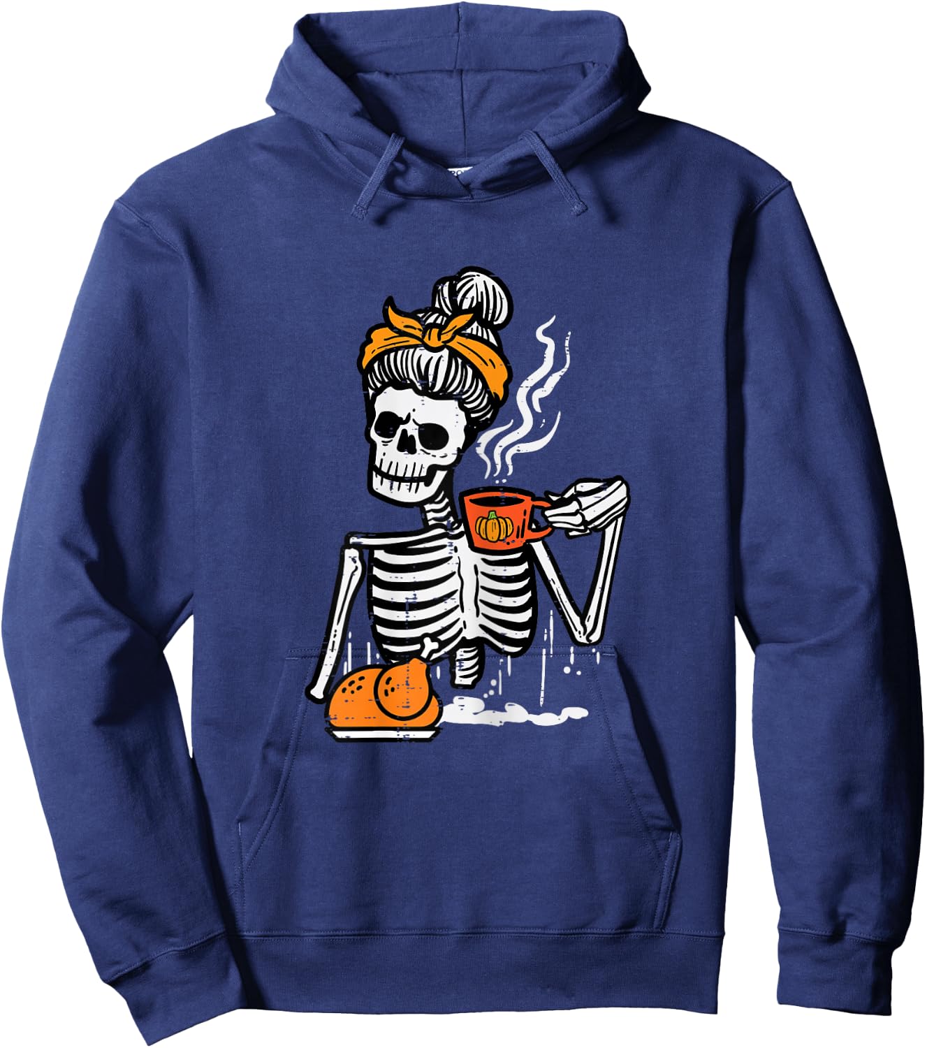 Thanksgiving Skeleton Messy Bun Pumpkin Coffee Women Girls Hoodie - Hoodie | Navy
