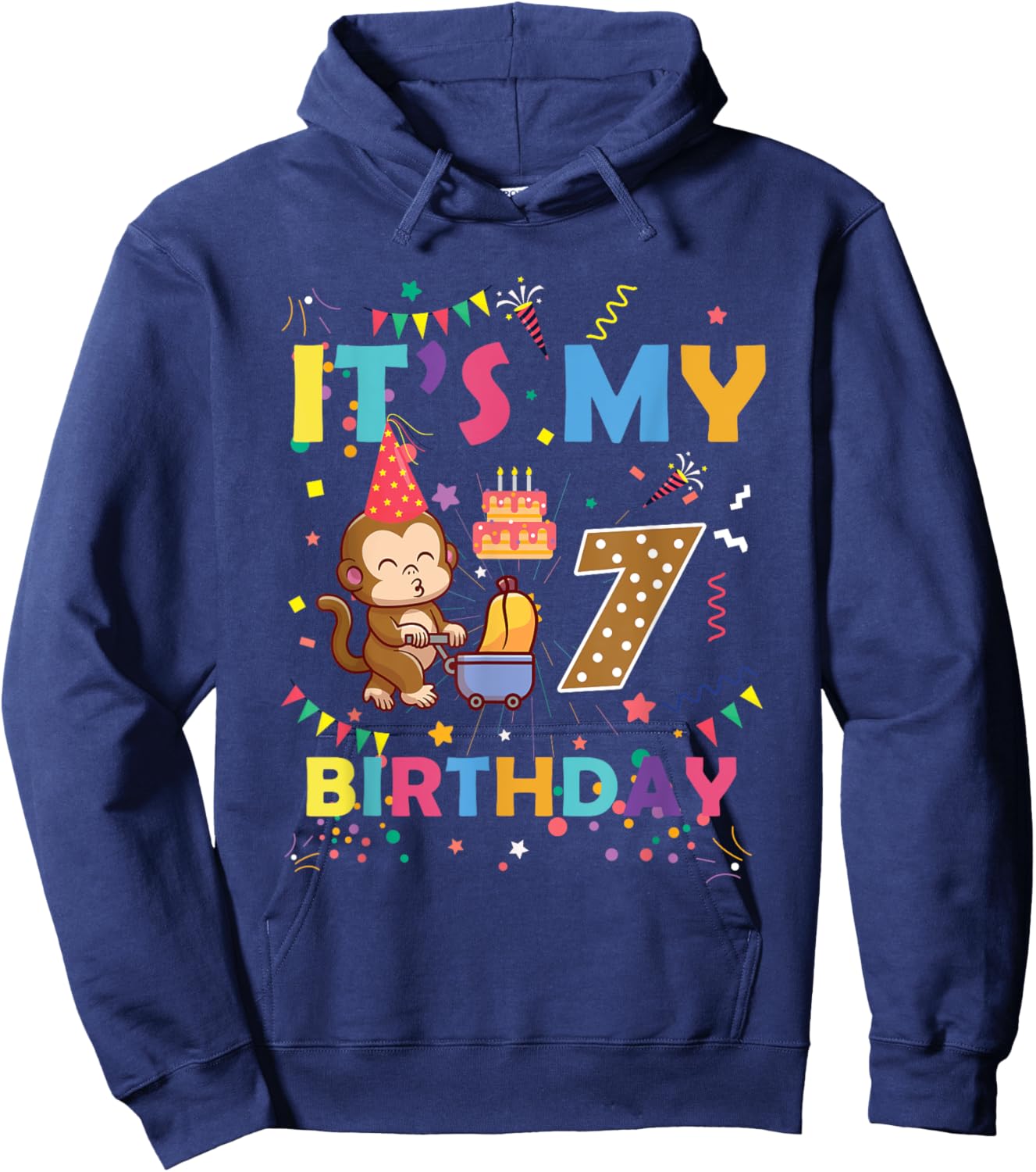 It's My 7th Birthday Monkey 7 Year Old Boys Girls Kids Hoodie - Hoodie | Navy