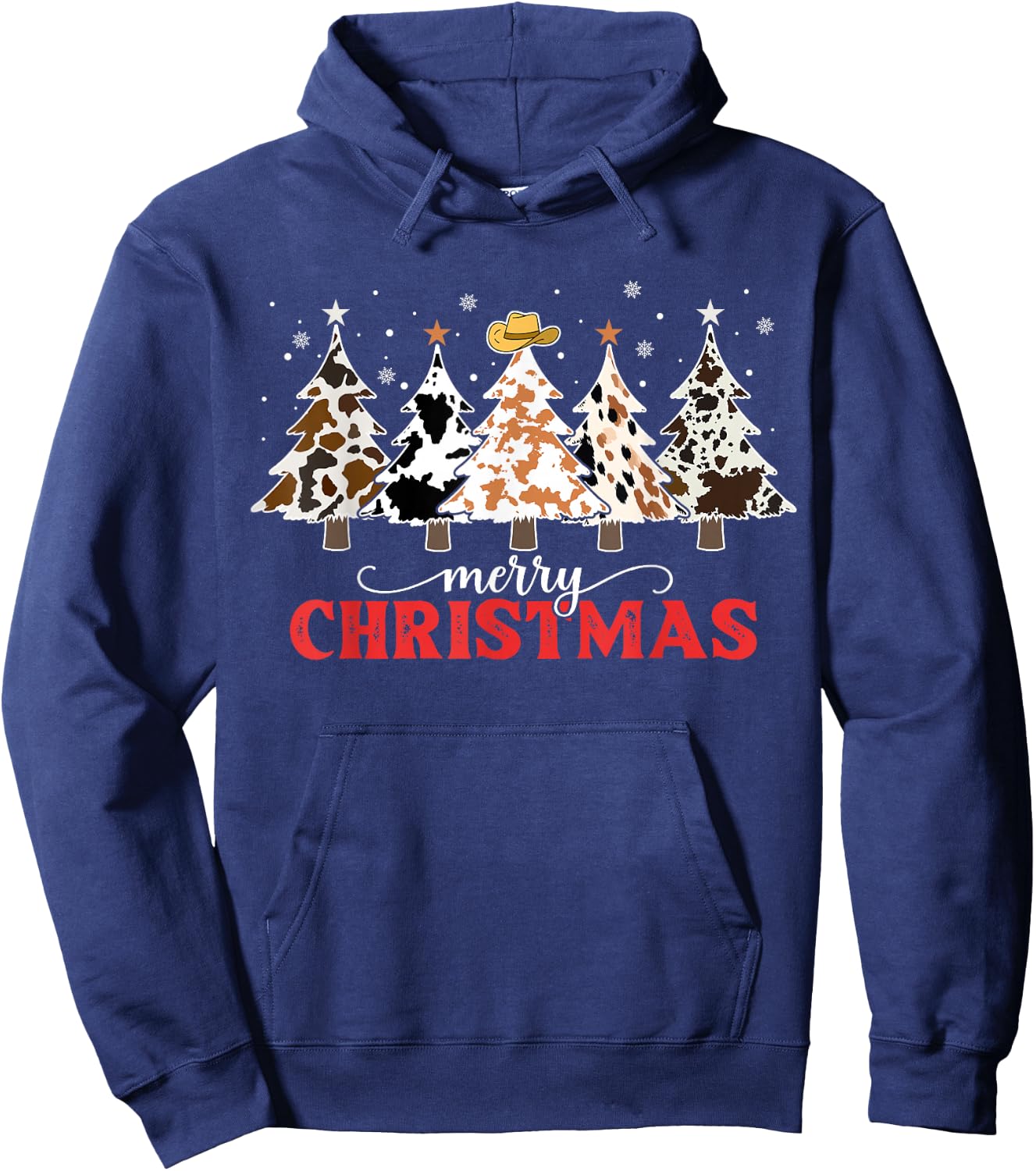 Country Christmas Tree Cowhide Xmas Cow Farm Cowboy Western Hoodie - Hoodie | Navy