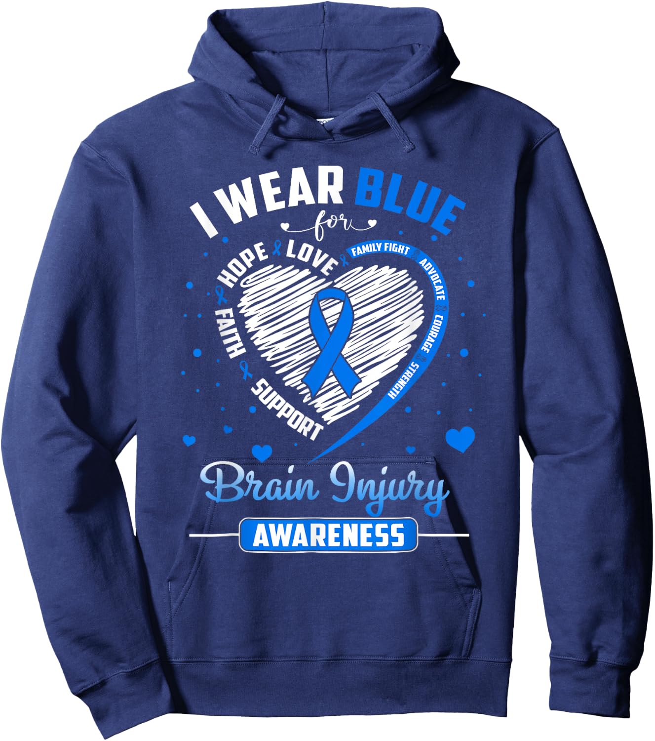 I Wear Blue For Brain Injury Awareness Heart Blue Ribbon Hoodie - Hoodie | Navy