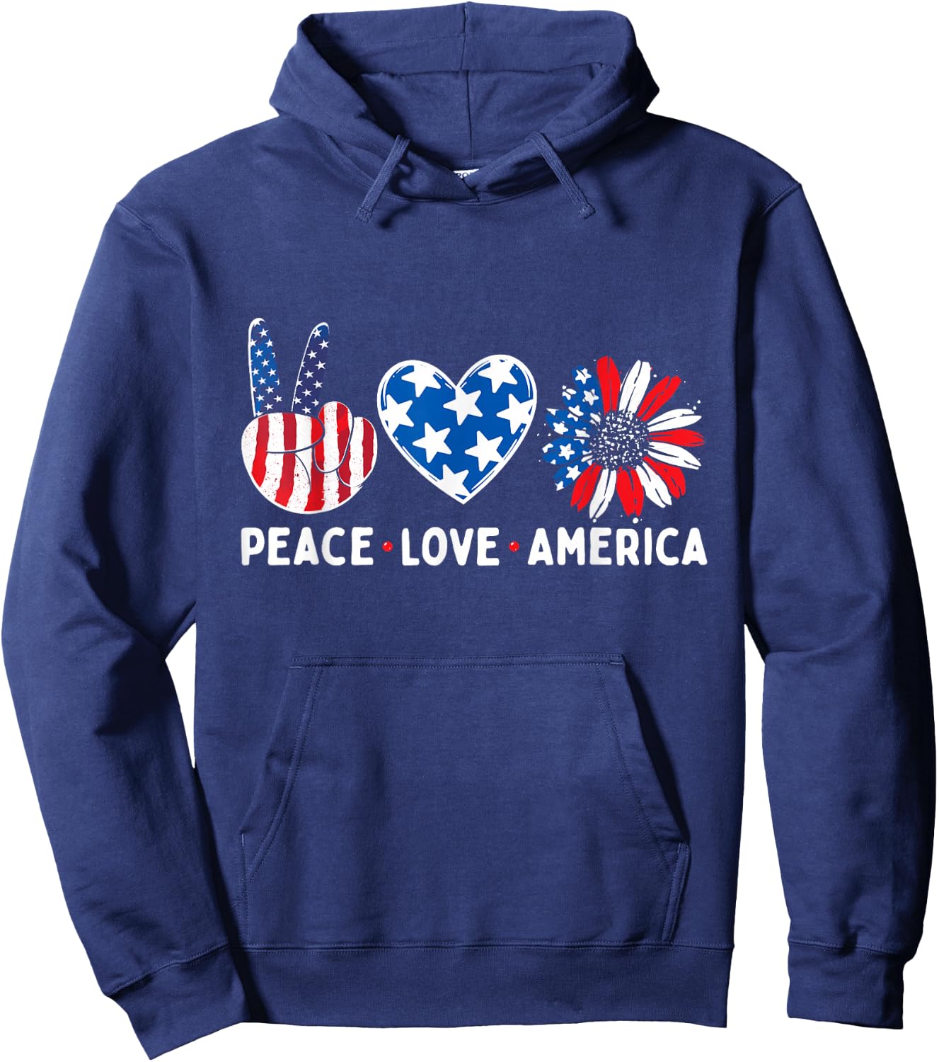 Peace Love America USA American Flag Patriotic 4th of July Hoodie - Hoodie | Navy