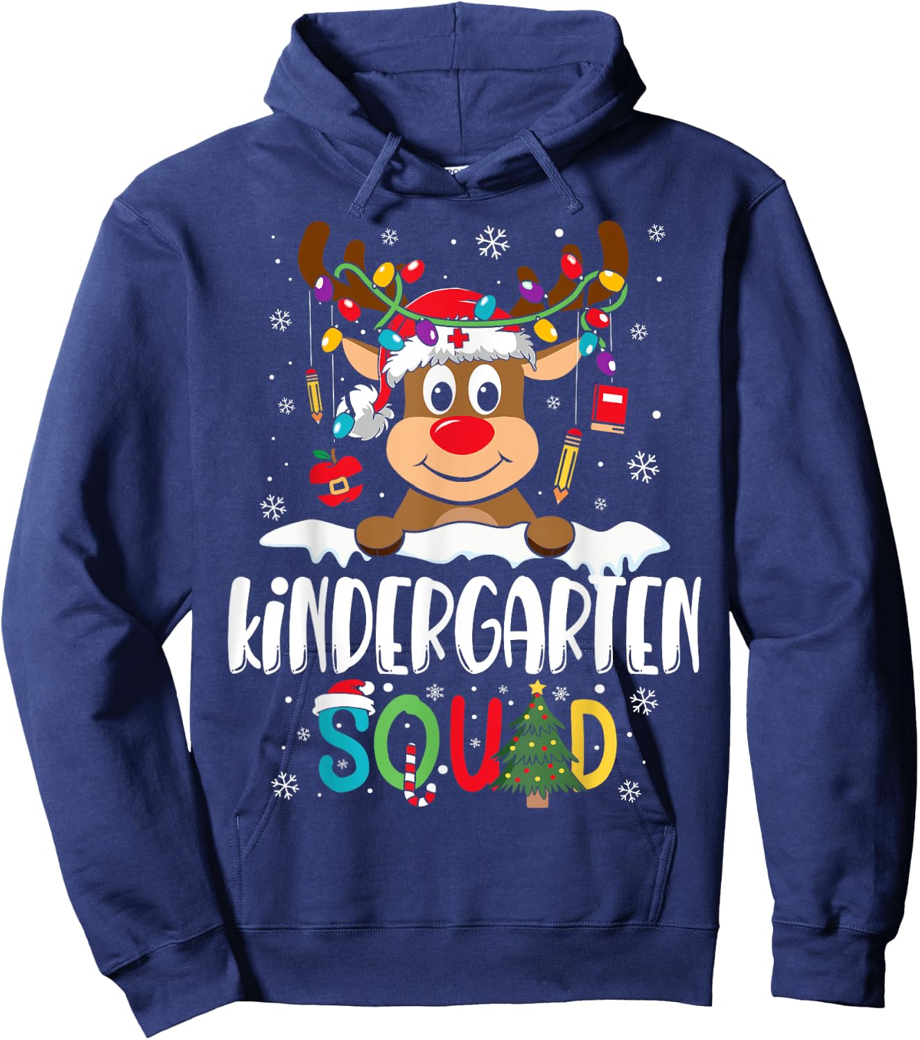 Kindergarten Teacher Squad Funny Reindeer Teacher Christmas Hoodie - Hoodie | Navy