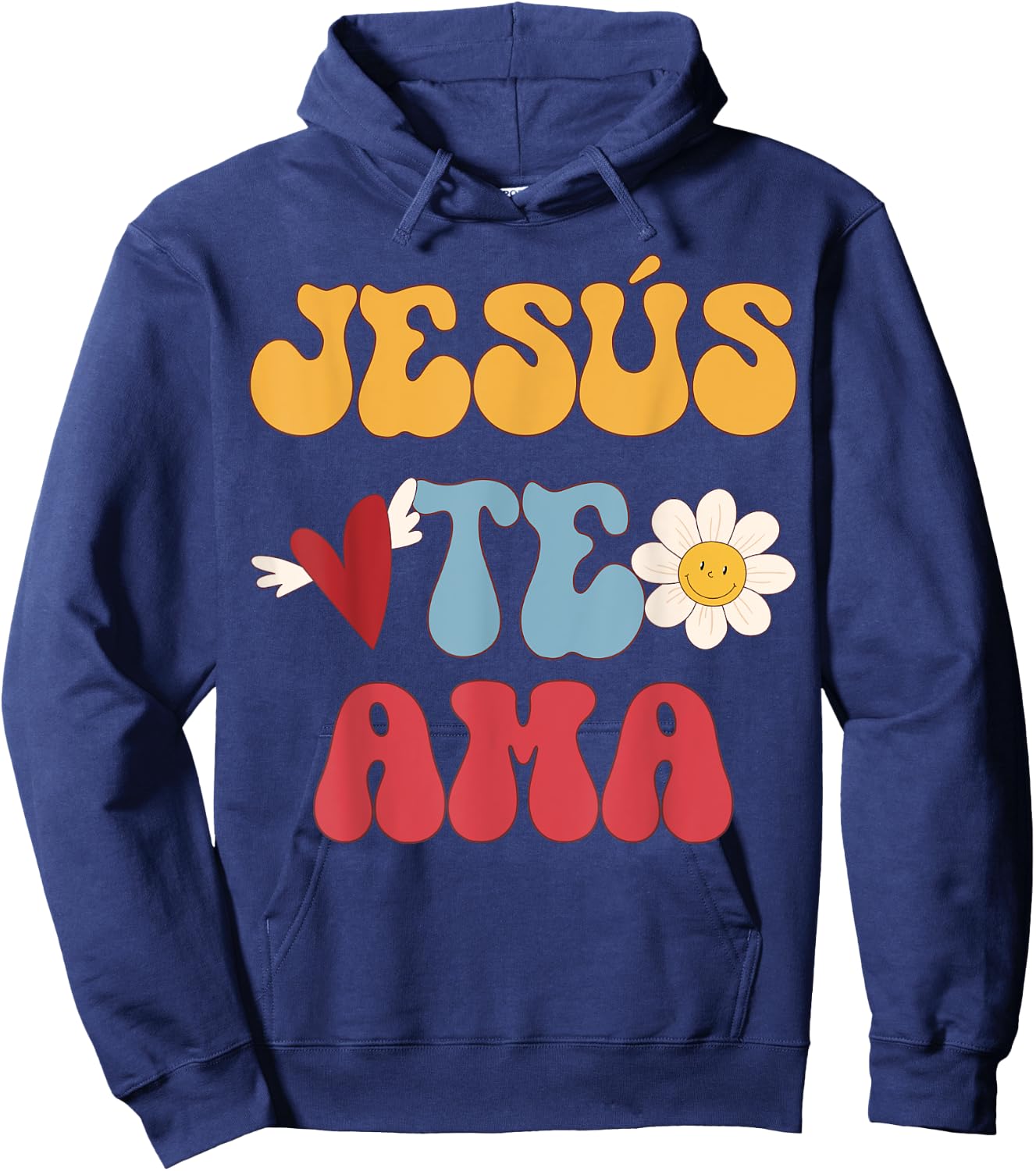 Groovy Spanish, Jesus Loves You Christian 70's Hippie Hoodie - Hoodie | Navy