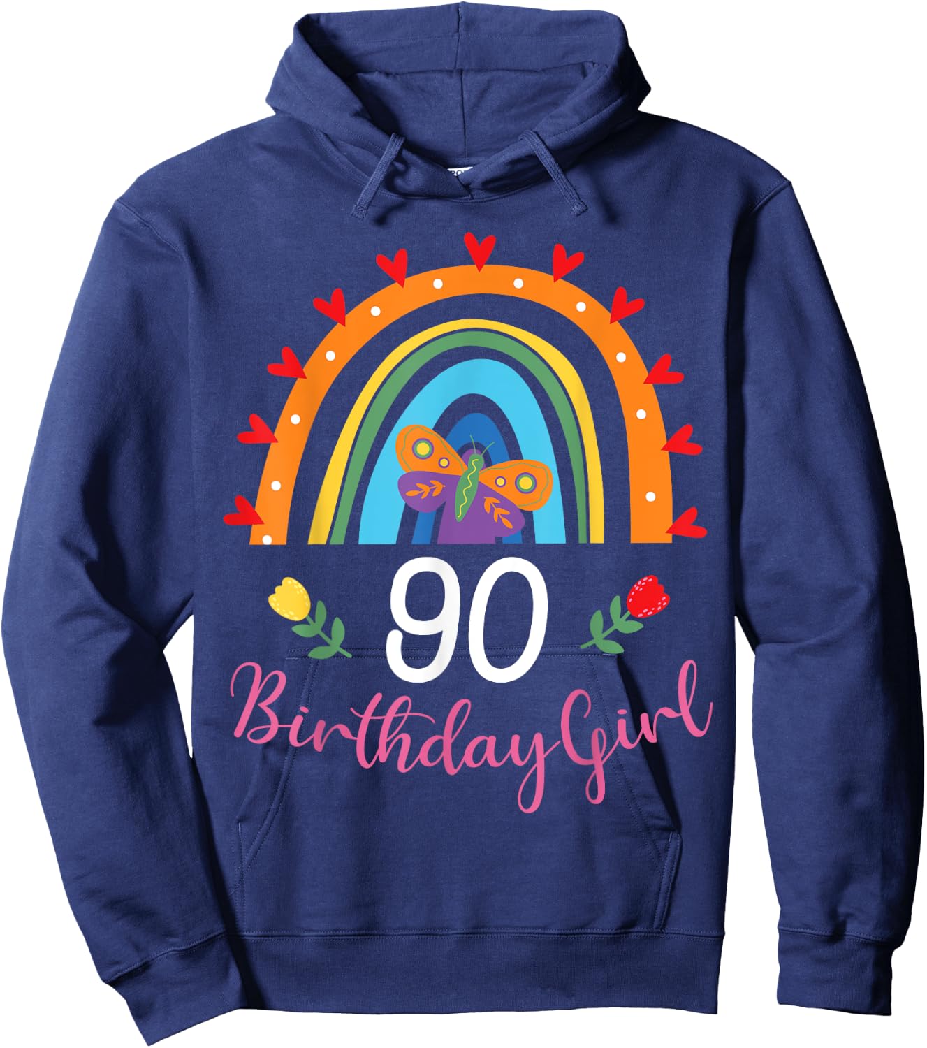 Cute Rainbow 90 Year Old Birthday Girl 90th B-Day Family Hoodie - Hoodie | Navy
