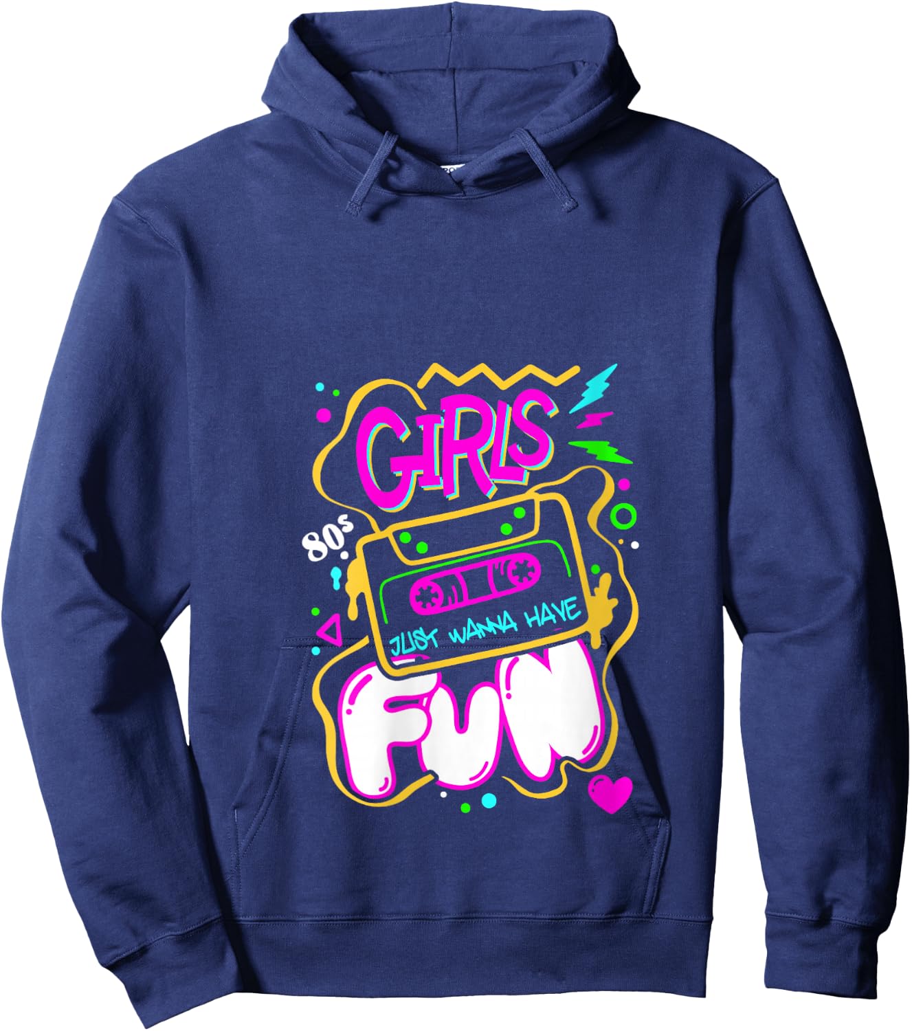 Girls Just Wanna Have Fun Nostalgia 1980s V-Neck Hoodie - Hoodie | Navy