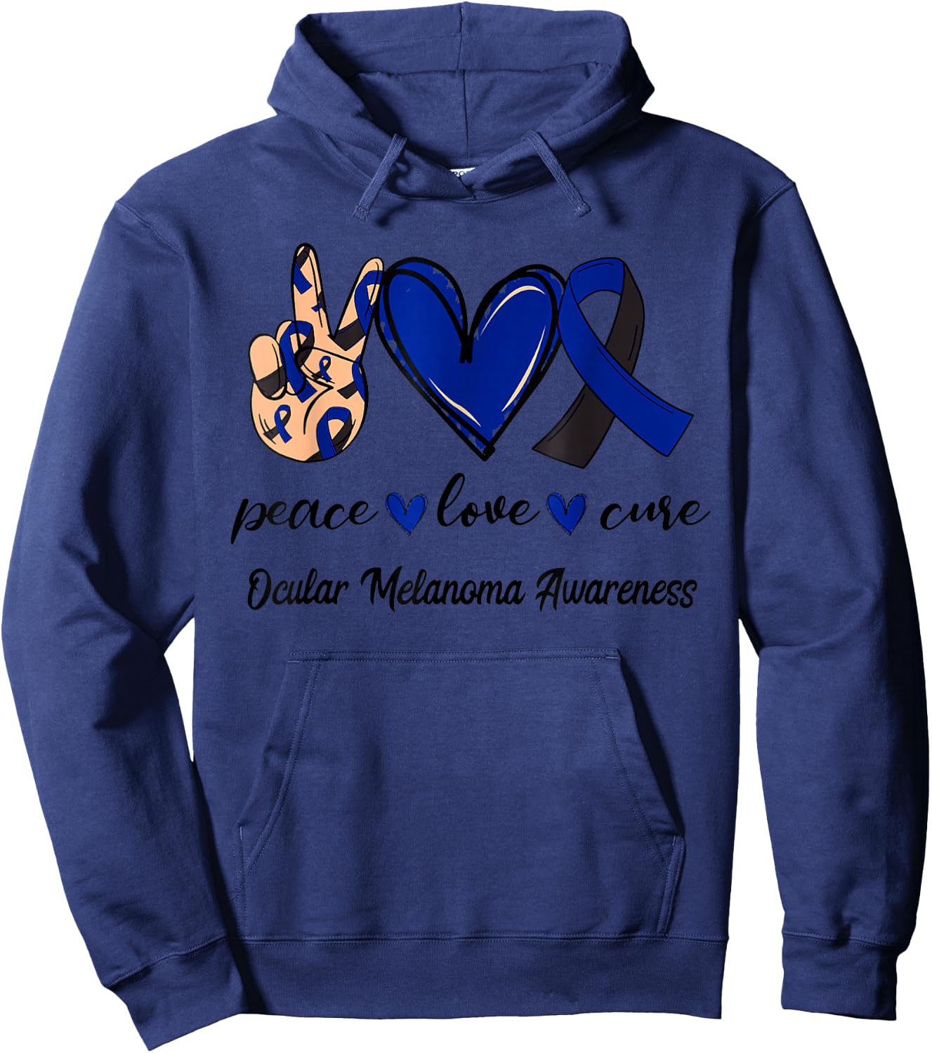 Peace Love Cure Ocular Melanoma Black Navy Ribbon Awareness Hoodie - Hoodie | Navy