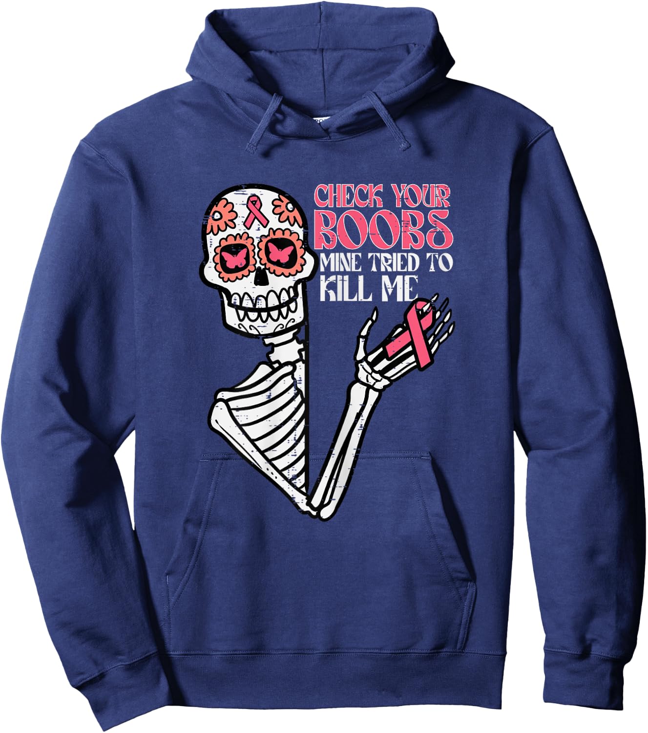 Sugar Skull Skeleton Funny Breast Cancer Awareness Women Hoodie - Hoodie | Navy