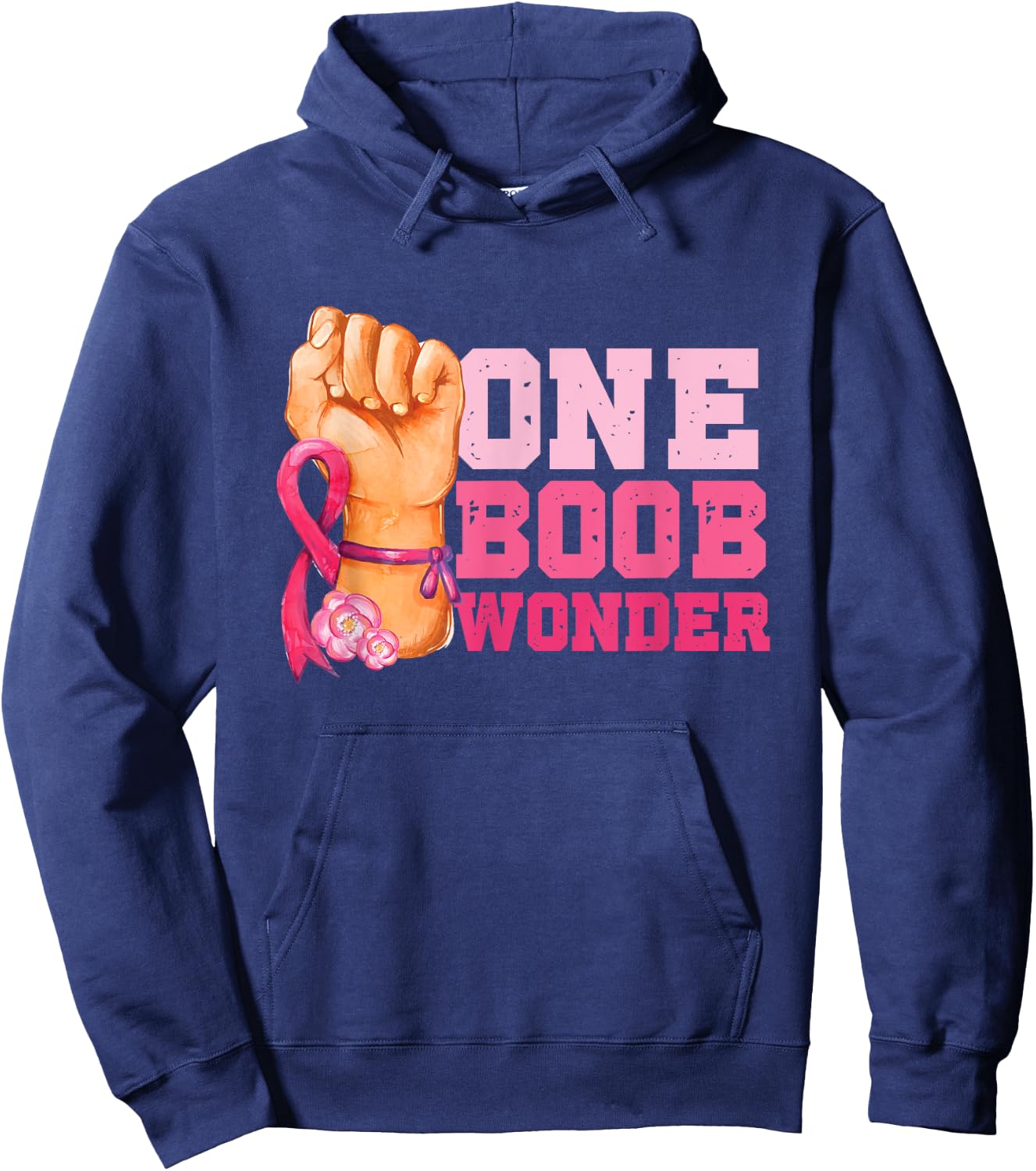 One Boob Wonder | Pink Ribbon | Breast Cancer Awareness Hoodie - Hoodie | Navy