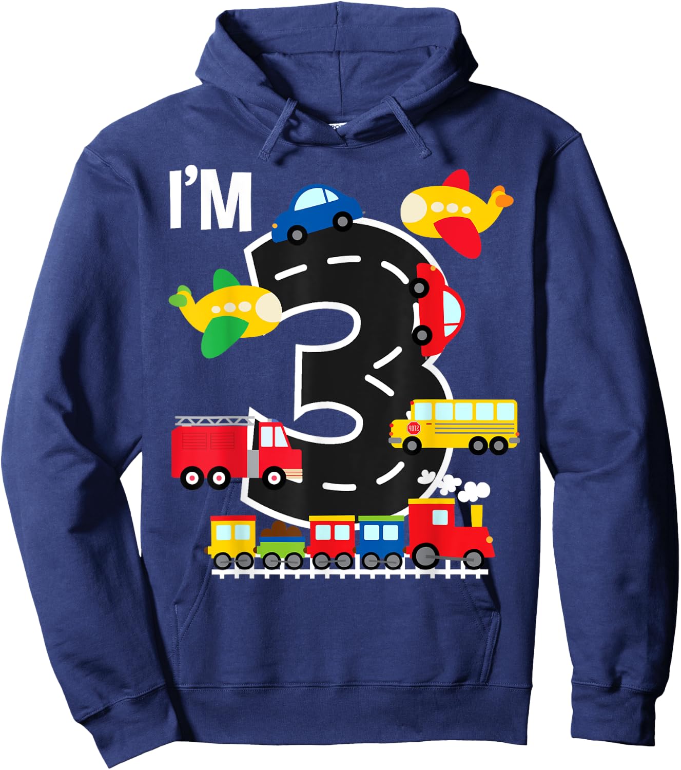 I'm 3 Birthday Boy 3rd Bday Train Car Fire Truck Airplane Hoodie - Hoodie | Navy
