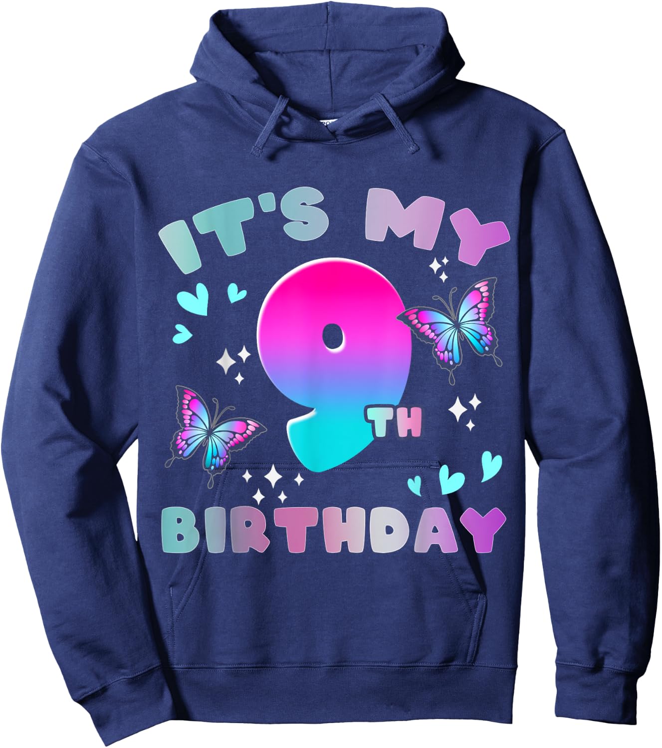 It's My 9th Birthday Butterfly 9 Years Old Butterflies Kid Hoodie - Hoodie | Navy
