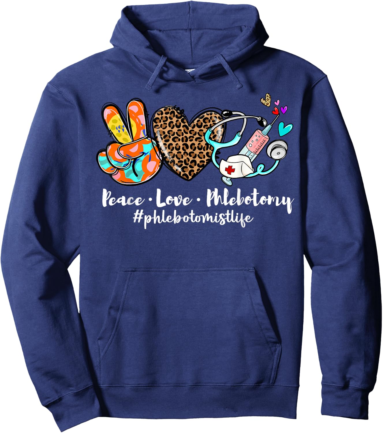 Peace Love Phlebotomy Syringe Leopard Phlebotomist Life Hoodie - Hoodie | Navy