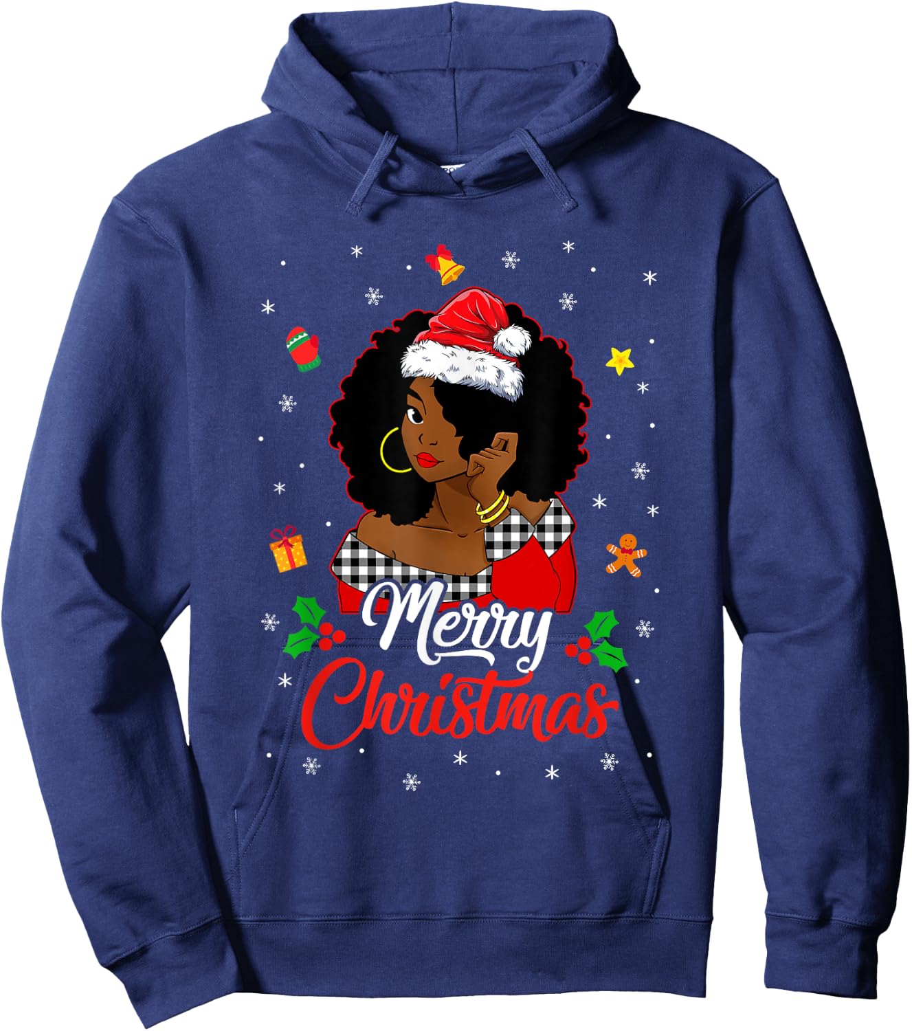 Black African Girl American Melanin Christmas Santa Hat Xmas Hoodie - Hoodie | Navy