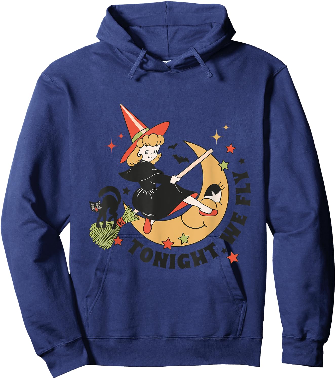 Vintage Tonight We Fly Witch On Broom Cat Retro Halloween Women Kids Hoodie - Hoodie | Navy