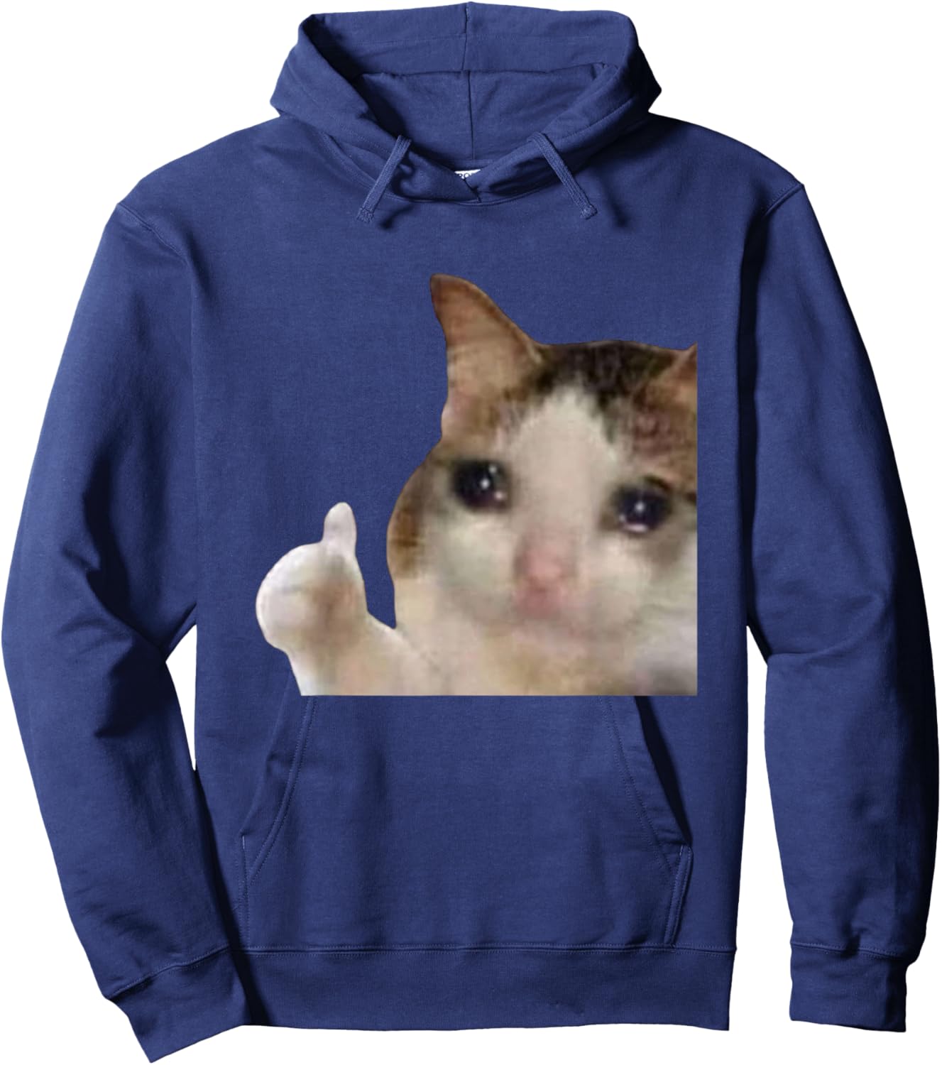 Funny Cute Crying Cat Sad Tears Thumbs Up Meme Gen Z Humor Hoodie - Hoodie | Navy