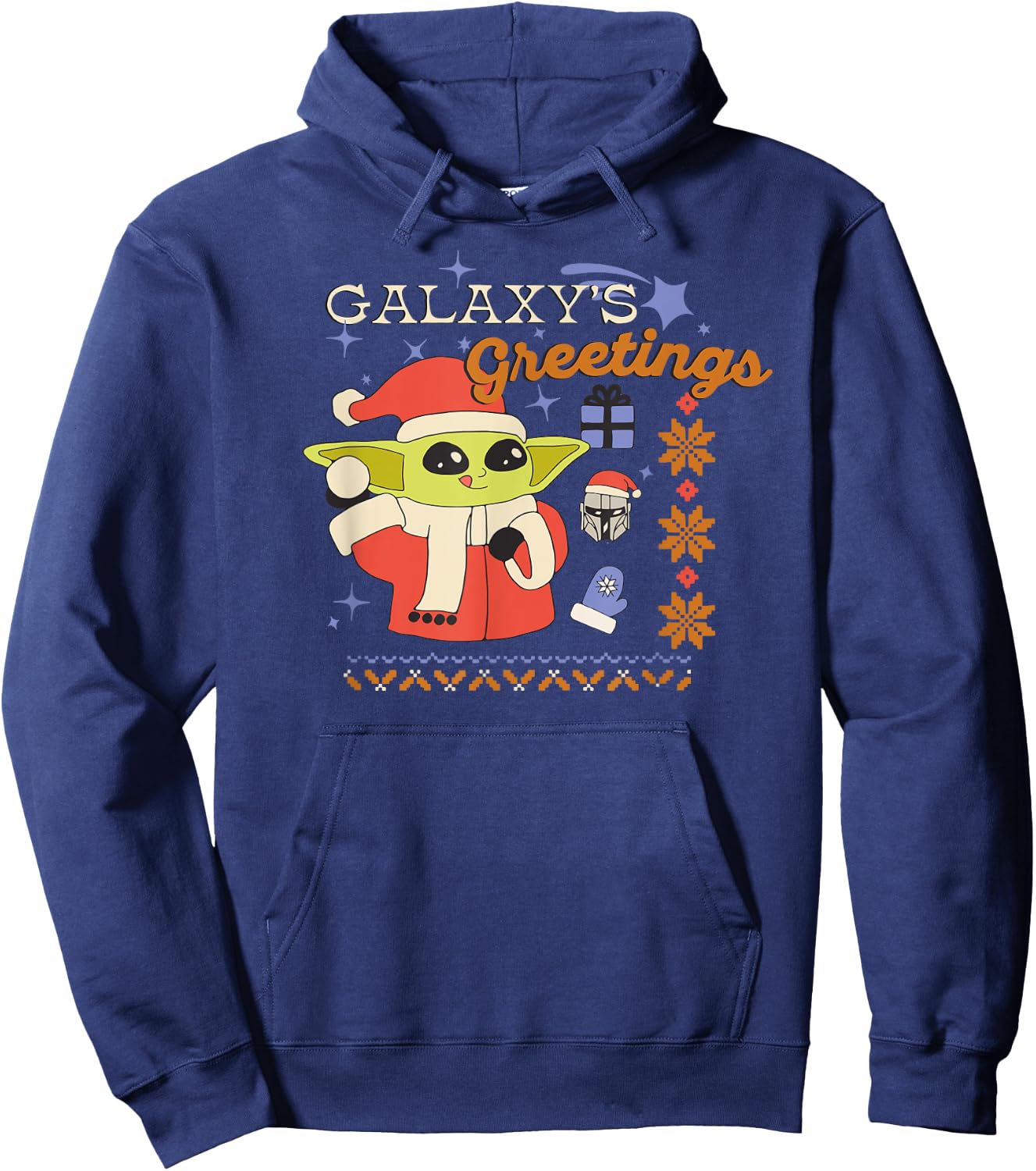 Amazon Essentials Men's The Mandalorian Grogu Christmas Holiday Galaxy's Greetings , Black Graphic Print, Small Hoodie - Hoodie | Navy