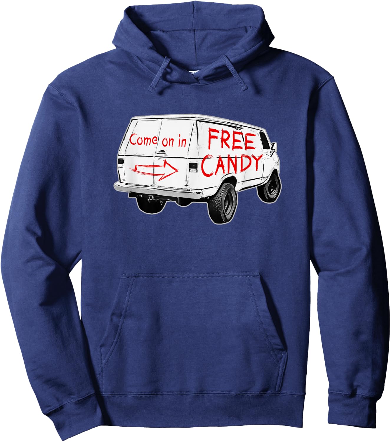 Redds Threads -Adults - Free Candy - Come On In - Creepy Van - Black - Small - Short Sleeve - Modern - Humorous Design Hoodie - Hoodie | Navy