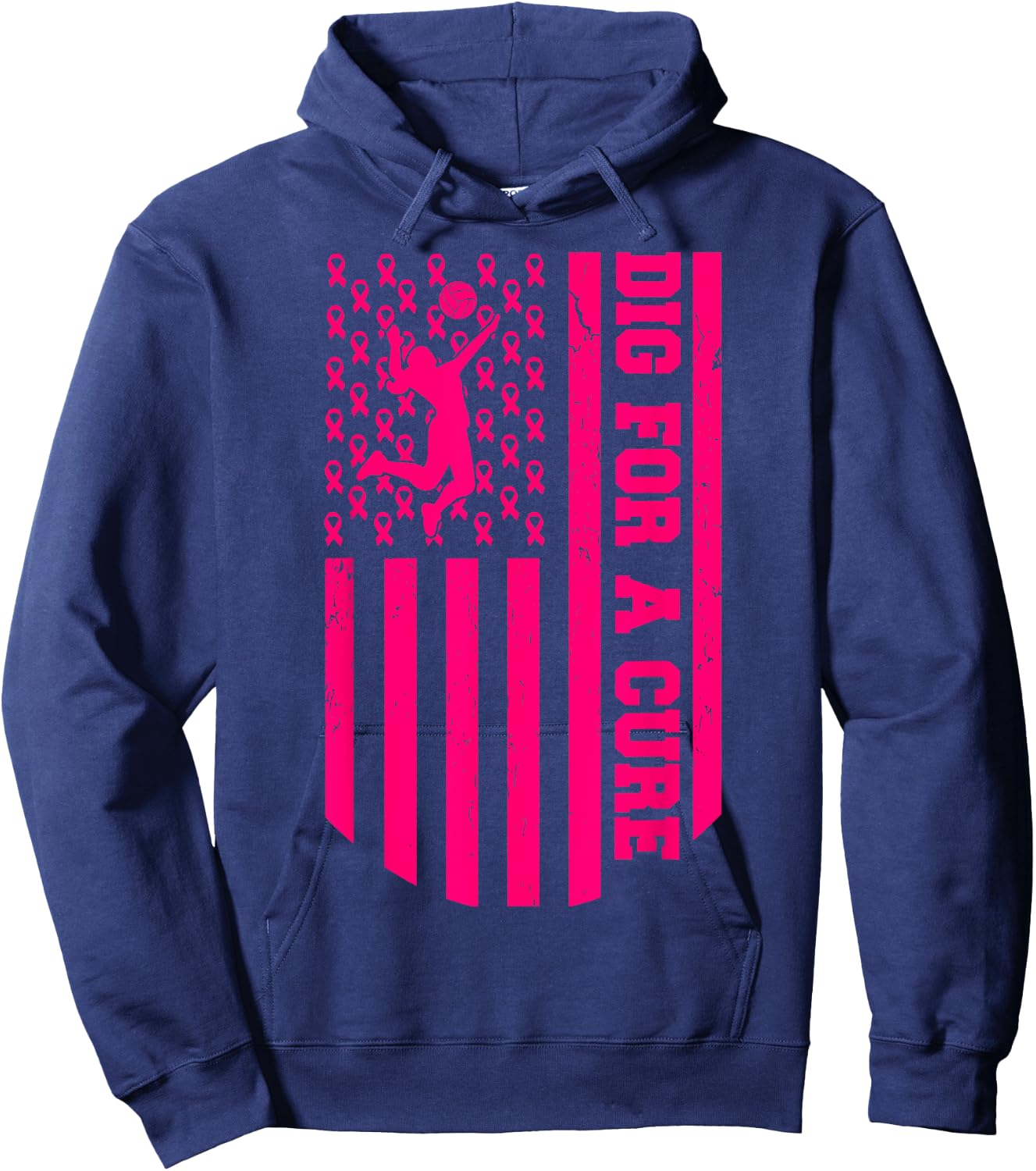 Dig For A Cure Breast Cancer Volleyball Pink American Flag Hoodie - Hoodie | Navy