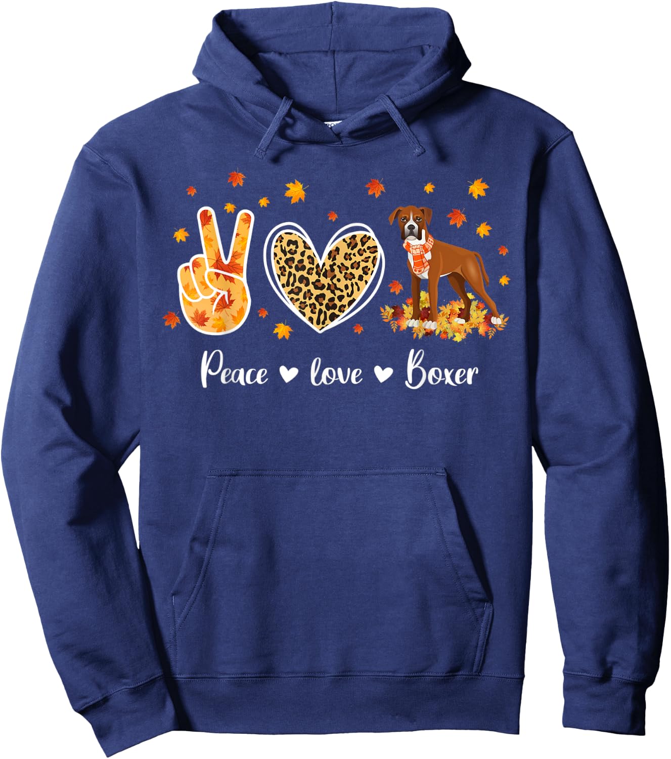 Peace Love Boxer Dog Breed Funny Fall Leaves Thanksgiving Hoodie - Hoodie | Navy