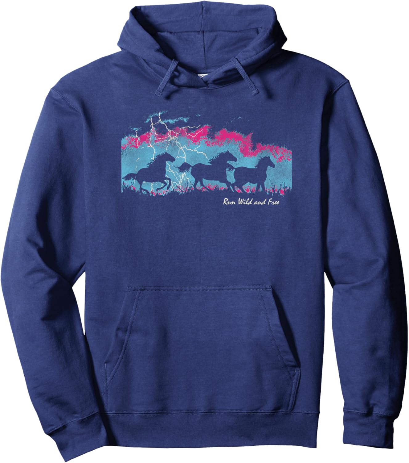 Run Wild And Free Horse Stud Thunder Background Hoodie - Hoodie | Navy