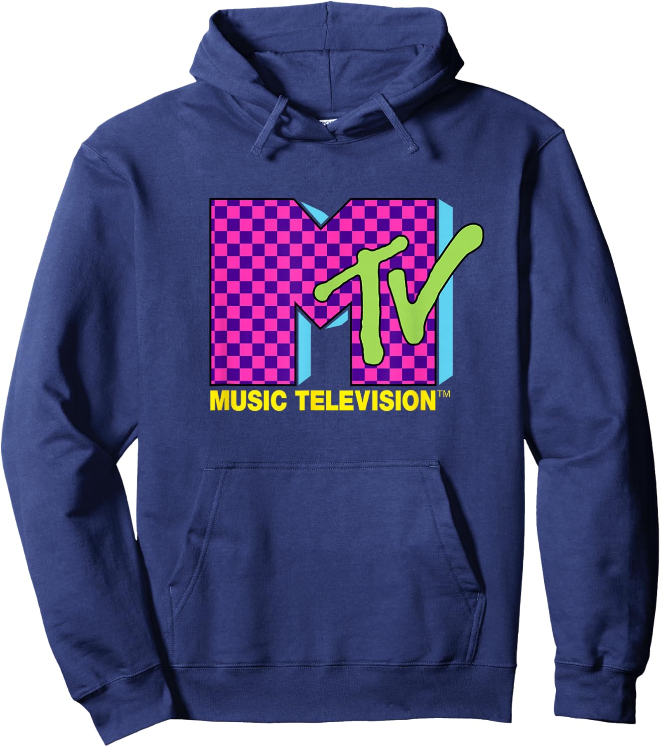 MTV Music Television Retro 80's Neon Pink Checkerboard Logo Hoodie - Hoodie | Navy
