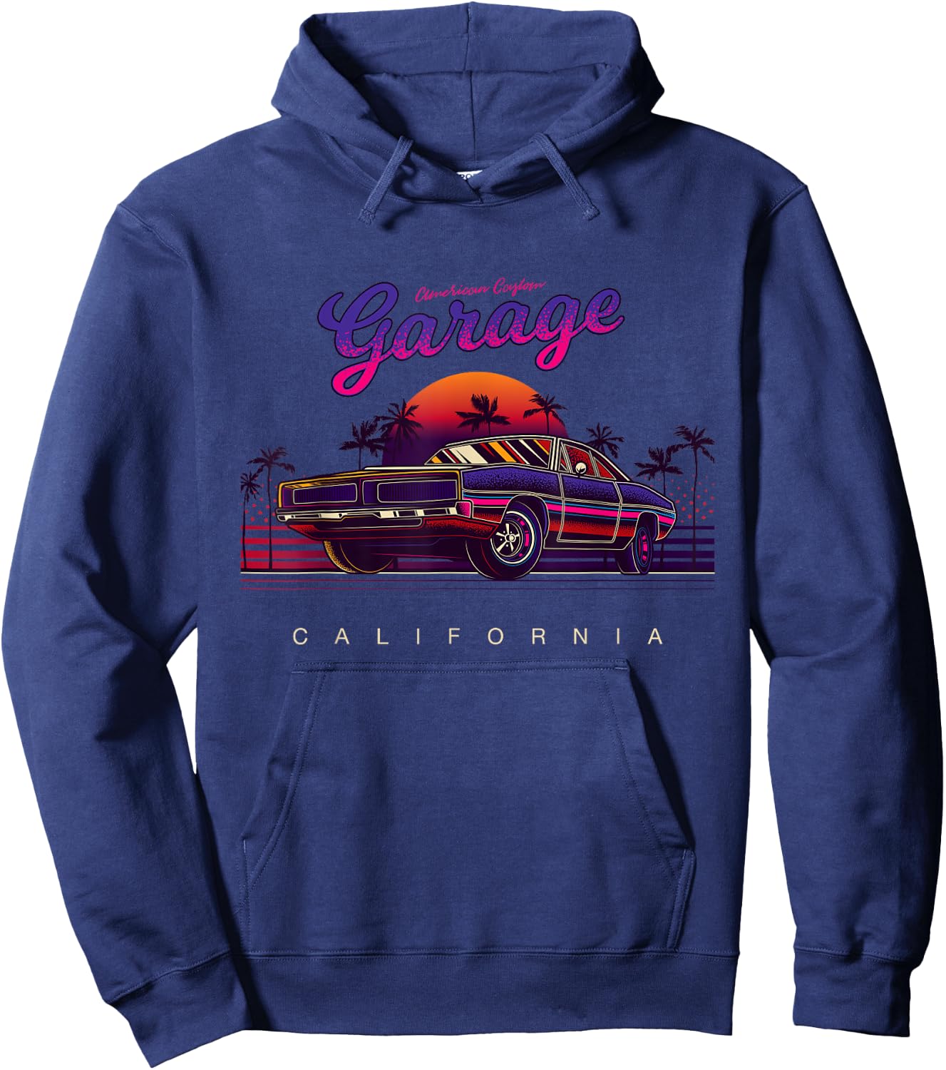 Vintage American Custom Garage, California Cars Graphic Hoodie - Hoodie | Navy
