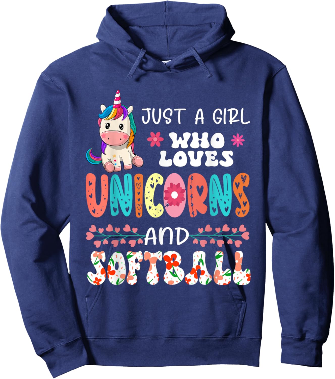 Just A Girl Who Loves Unicorns And Softball Floral Unicorn Hoodie - Hoodie | Navy