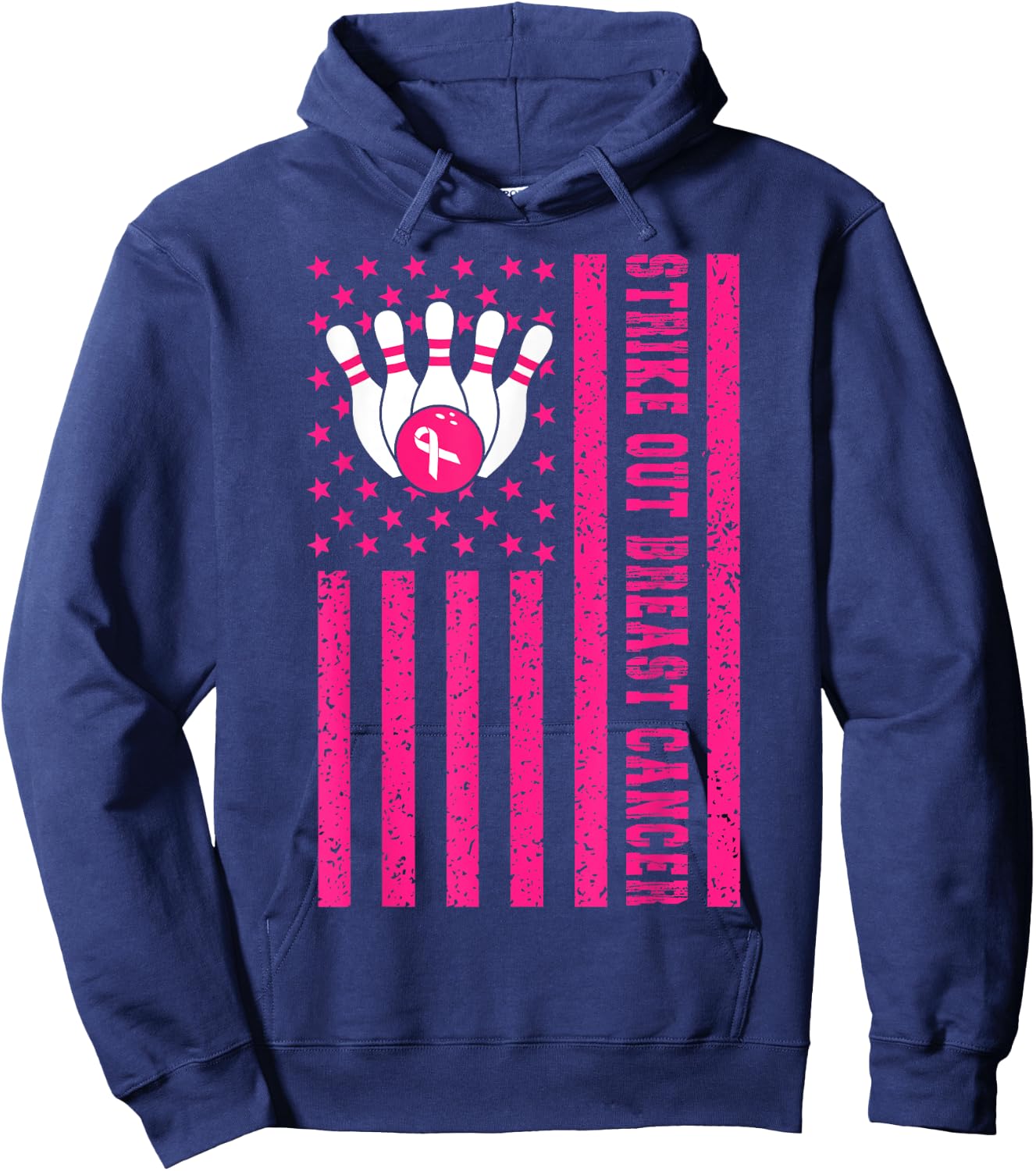 Strike Out Bowling Ribbon USA Flag Breast Cancer Awareness Hoodie - Hoodie | Navy