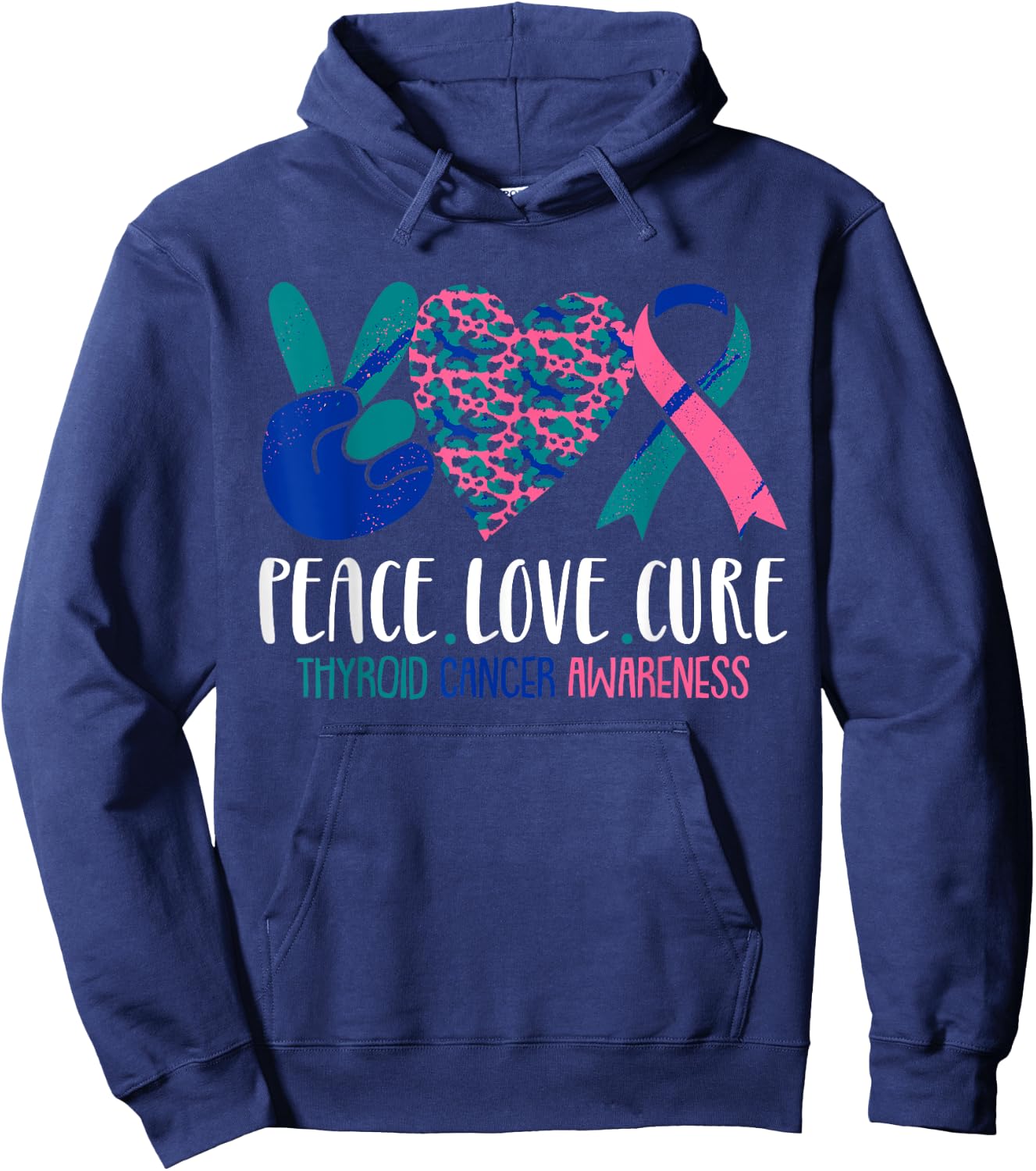 Peace Love Cure Thyroid Cancer Awareness Survivor Warrior Hoodie - Hoodie | Navy