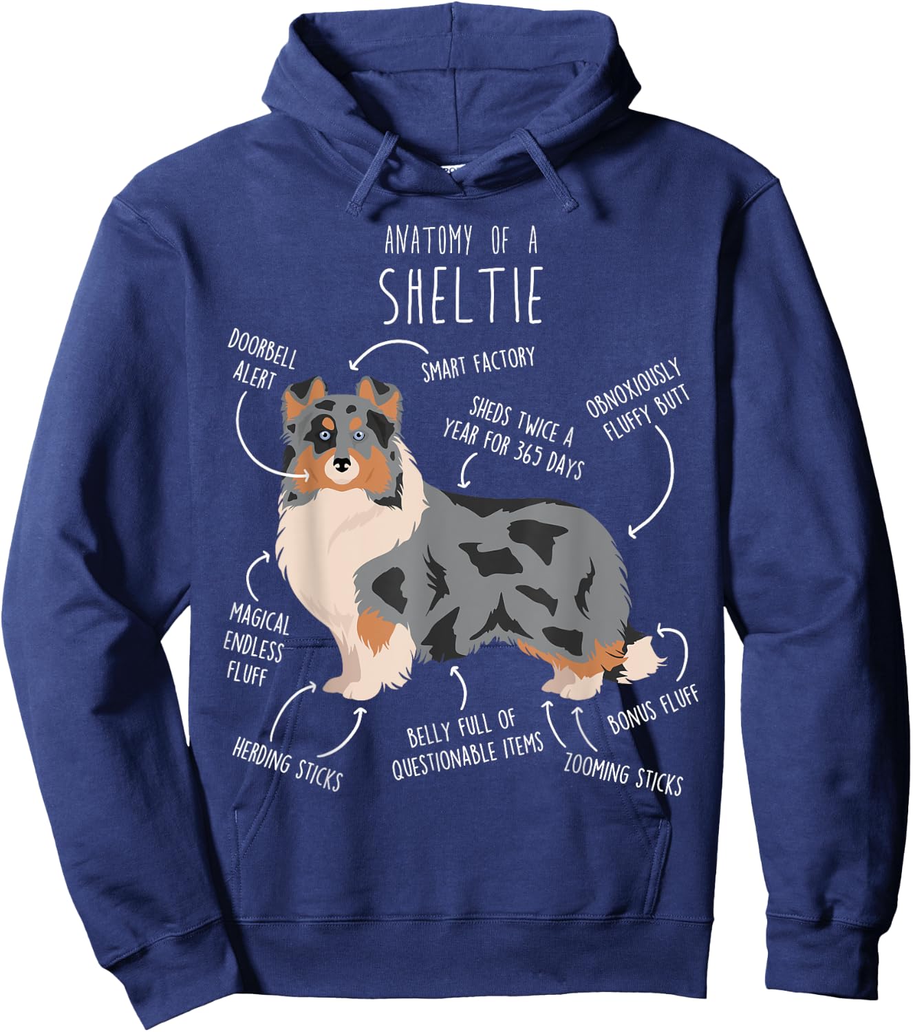 Blue Merle Sheltie Shetland Sheepdog Anatomy, Funny Cute Dog Hoodie - Hoodie | Navy