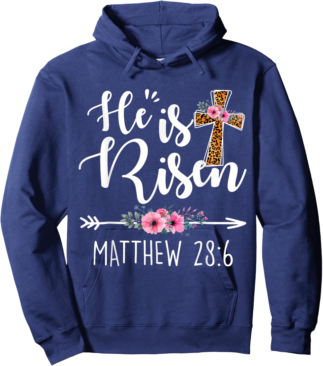 He has Risen Easter Day Jesus Floral Cross Leopard Hoodie - Hoodie | Navy