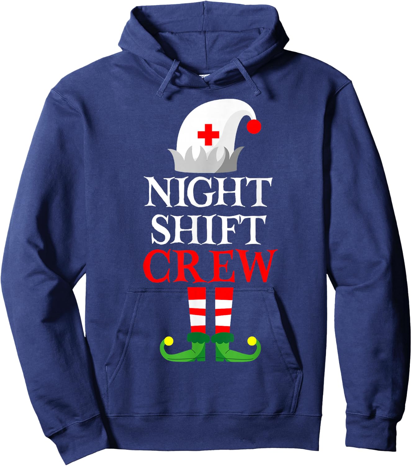 Elf Nursing Shirt Women, Christmas Nurse Night Shift Crew Hoodie - Hoodie | Navy