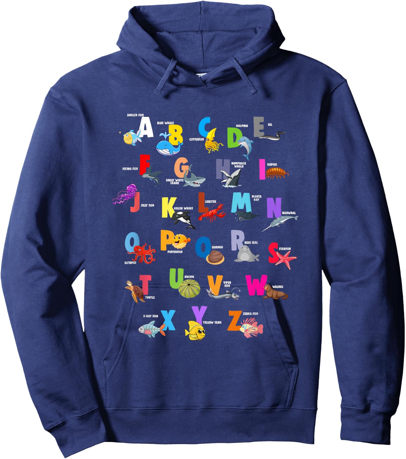 Ocean Animals Alphabet Letter ABCs Fish Dolphin Letters Hoodie - Hoodie | Navy