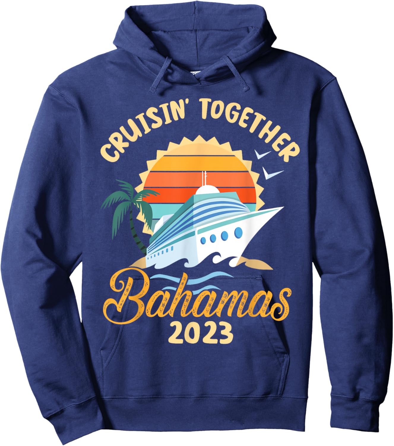 Trees Birds Beach Ship Waves Cruising Together Bahamas 2023 Men Women Hoodie - Hoodie | Navy