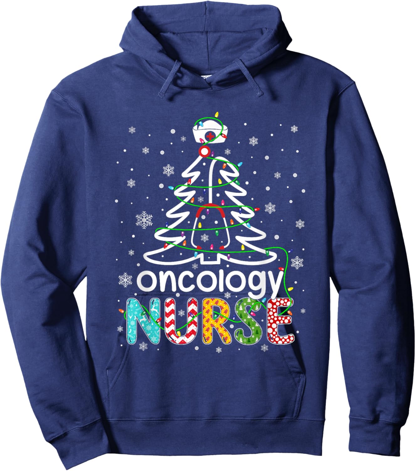 Oncology Nurse Xmas Tree Funny Nursing Christmas Pattern Hoodie - Hoodie | Navy