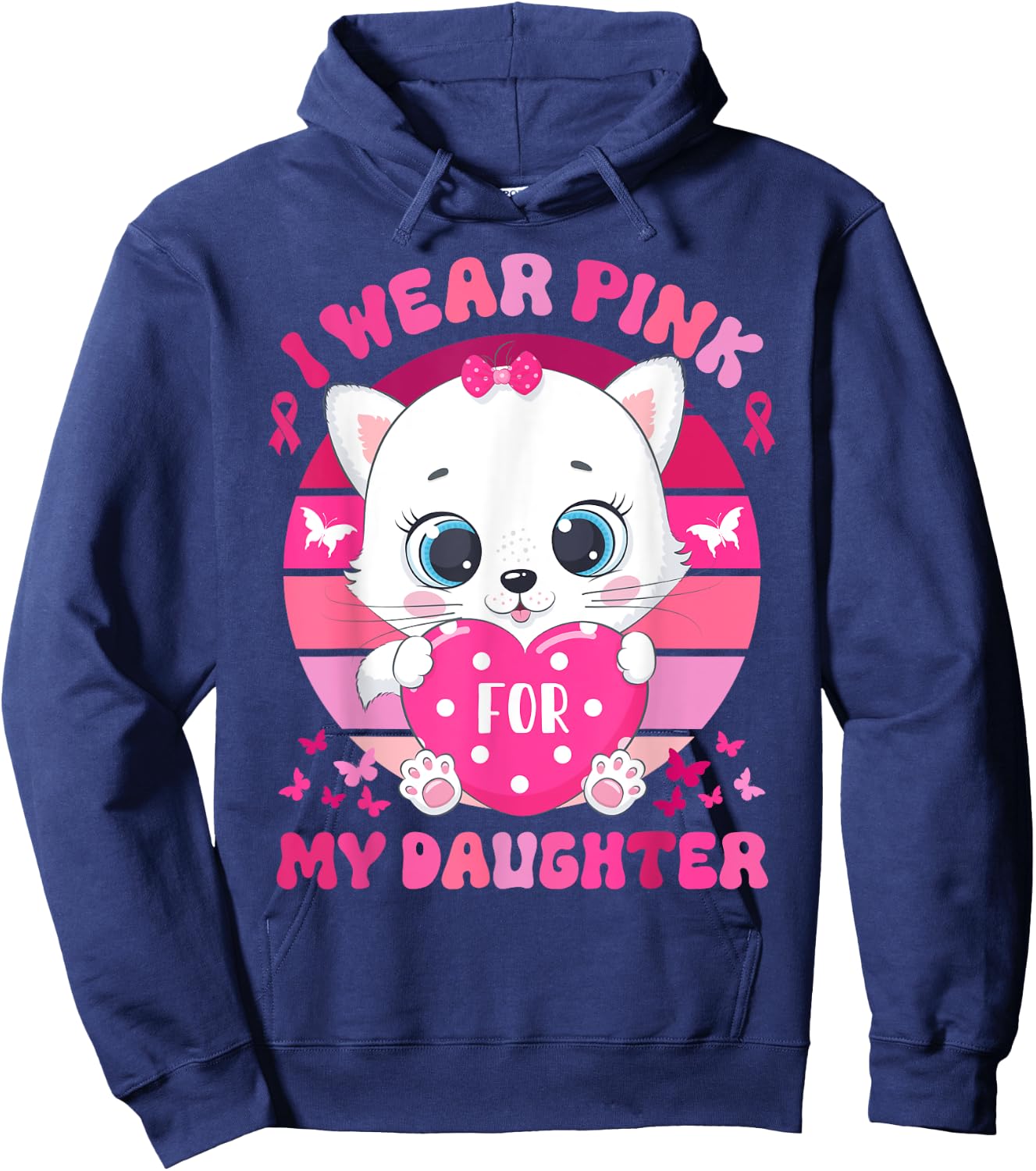 I Wear Pink For My Daughter Breast Cancer Awareness Cat Hoodie - Hoodie | Navy