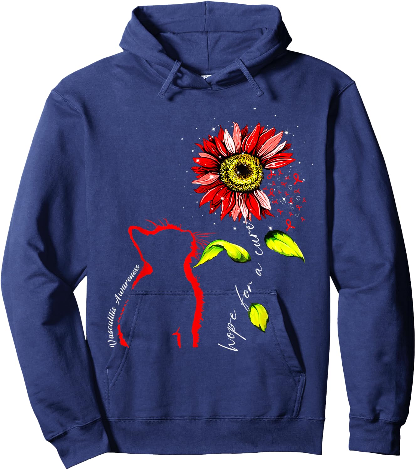 Sunflower Cat Red Vasculitis Awareness Men Women Hoodie - Hoodie | Navy