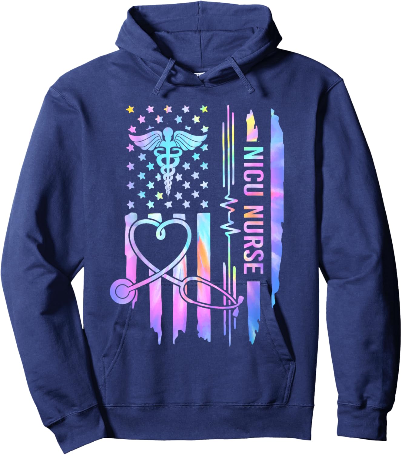 Tie Dye NICU Nurse ICU Neonatal USA Flag Team Tiny Humans Hoodie - Hoodie | Navy
