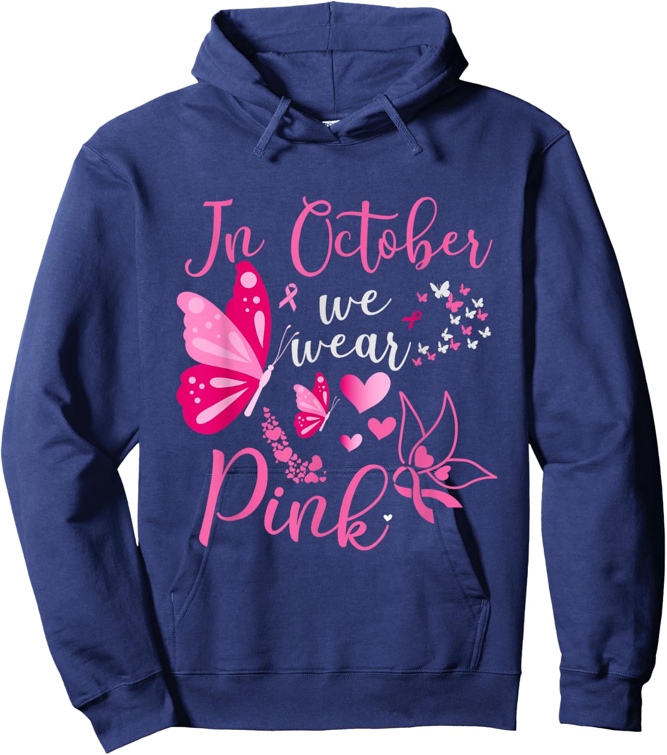 In October We Wear Pink Butterfly Breast Cancer Awareness Hoodie - Hoodie | Navy